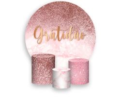 Painel De Festa Redondo 1,50x1,50 + Trio De Capas Cilindro - Efeito Mármore Rose Gratidão 087