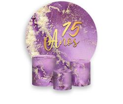 Painel De Festa Redondo 1,50x1,50 + Trio De Capas Cilindro - Efeito Mármore Roxo com Dourado 15 Anos 171