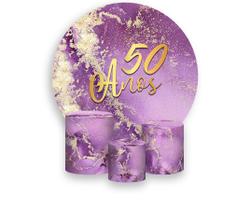 Painel De Festa Redondo 1,50x1,50 + Trio De Capas Cilindro - Efeito Mármore Roxo com Dourado 50 Anos 166 Painel De Festa Redondo 1,50x1,50 + Trio De Capas Cilindro - Efeito Mármore Roxo com Dourado 50 Anos 166