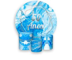 Painel De Festa Redondo 1,50x1,50 + Trio De Capas Cilindro - Efeito Marmorizado Azul Com Prata 50 Anos 008