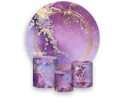 Painel De Festa Redondo 1,50x1,50 + Trio De Capas Cilindro - Efeito Marmorizado Lilás e Dourado 074 Painel De Festa Redondo 1,50x1,50 + Trio De Capas Cilindro - Efeito Marmorizado Lilás e Dourado 074