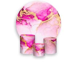 Painel De Festa Redondo 1,50x1,50 + Trio De Capas Cilindro - Efeito Marmorizado Pink com Dourado 042 Painel De Festa Redondo 1,50x1,50 + Trio De Capas Cilindro - Efeito Marmorizado Pink com Dourado 042