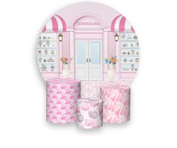 Painel De Festa Redondo 1,50x1,50 + Trio De Capas Cilindro - Fachada Confeitaria Rosa 017