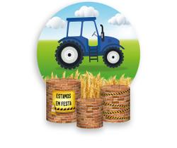 Painel De Festa Redondo 1,50x1,50 + Trio De Capas Cilindro - Fazenda Trator Azul 002