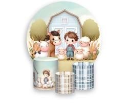 Painel De Festa Redondo 1,50x1,50 + Trio De Capas Cilindro - Fazendinha Boiadeiro e Animais Cute 038