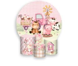 Painel De Festa Redondo 1,50x1,50 + Trio De Capas Cilindro - Fazendinha Rosa com Flores e Laços 036 Painel De Festa Redondo 1,50x1,50 + Trio De Capas Cilindro - Fazendinha Rosa com Flores e Laços 036