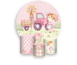 Painel De Festa Redondo 1,50x1,50 + Trio De Capas Cilindro - Fazendinha Rosa Menina e Trator 037 Painel De Festa Redondo 1,50x1,50 + Trio De Capas Cilindro - Fazendinha Rosa Menina e Trator 037