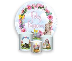 Painel De Festa Redondo 1,50x1,50 + Trio De Capas Cilindro -Feliz Páscoa Floral Rosa 002