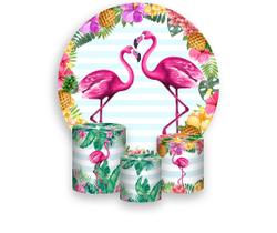 Painel De Festa Redondo 1,50x1,50 + Trio De Capas Cilindro - Flamingo Tropical Duplo 004