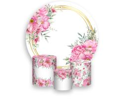 Painel De Festa Redondo 1,50x1,50 + Trio De Capas Cilindro - Floral Rosa 080