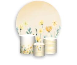 Painel De Festa Redondo 1,50x1,50 + Trio De Capas Cilindro - Flores Aquarela Amarelo Suave 043 Painel De Festa Redondo 1,50x1,50 + Trio De Capas Cilindro - Flores Aquarela Amarelo Suave 043