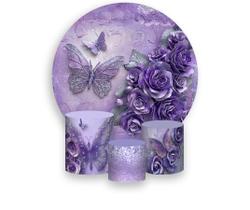 Painel De Festa Redondo 1,50x1,50 + Trio De Capas Cilindro - Flores e Borboletas Lilás com Roxo 026 Painel De Festa Redondo 1,50x1,50 + Trio De Capas Cilindro - Flores e Borboletas Lilás com Roxo 026