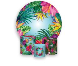Painel De Festa Redondo 1,50x1,50 + Trio De Capas Cilindro - Folhas Farofa Tropical 005