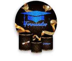 Painel De Festa Redondo 1,50x1,50 + Trio De Capas Cilindro - Formatura Capelo Azul 010 Painel De Festa Redondo 1,50x1,50 + Trio De Capas Cilindro - Formatura Capelo Azul 010