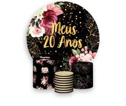 Painel De Festa Redondo 1,50x1,50 + Trio De Capas Cilindro - Fundo Preto Flores Efeito Brilhos Meus 20 Anos Dourado 022