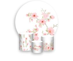 Painel De Festa Redondo 1,50x1,50 + Trio De Capas Cilindro - Galho Floral Verde com Rosas 077 Painel De Festa Redondo 1,50x1,50 + Trio De Capas Cilindro - Galho Floral Verde com Rosas 077