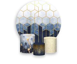 Painel De Festa Redondo 1,50x1,50 + Trio De Capas Cilindro - Geométrico Azul Masculino 010 Painel De Festa Redondo 1,50x1,50 + Trio De Capas Cilindro - Geométrico Azul Masculino 010