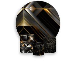 Painel De Festa Redondo 1,50x1,50 + Trio De Capas Cilindro - Geométrico Preto com Dourado 039 Painel De Festa Redondo 1,50x1,50 + Trio De Capas Cilindro - Geométrico Preto com Dourado 039