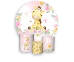 Painel De Festa Redondo 1,50x1,50 + Trio De Capas Cilindro - Girafa Rosa Aquarela 027 Painel De Festa Redondo 1,50x1,50 + Trio De Capas Cilindro - Girafa Rosa Aquarela 027