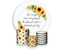 Painel De Festa Redondo 1,50x1,50 + Trio De Capas Cilindro - Girassol Geométrico Frase 001 Painel De Festa Redondo 1,50x1,50 + Trio De Capas Cilindro - Girassol Geométrico Frase 001