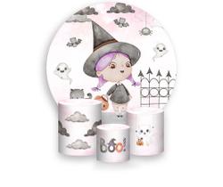 Painel De Festa Redondo 1,50x1,50 + Trio De Capas Cilindro - Halloween Bruxinha Cute 002 Painel De Festa Redondo 1,50x1,50 + Trio De Capas Cilindro - Halloween Bruxinha Cute 002