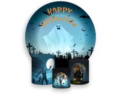 Painel De Festa Redondo 1,50x1,50 + Trio De Capas Cilindro - Halloween Fantasma Terror 028