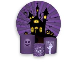 Painel De Festa Redondo 1,50x1,50 + Trio De Capas Cilindro - Halloween Roxo Listrado Castelo Assombrado 018