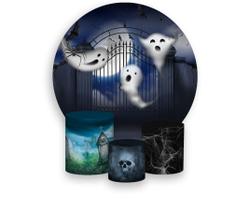 Painel De Festa Redondo 1,50x1,50 + Trio De Capas Cilindro - Halloween Velho Cemitério 013