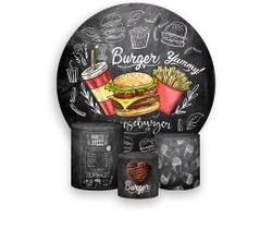 Painel De Festa Redondo 1,50x1,50 + Trio De Capas Cilindro - Hambúrguer Chalkboard 011 Painel De Festa Redondo 1,50x1,50 + Trio De Capas Cilindro - Hambúrguer Chalkboard 011