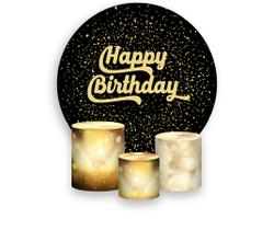 Painel De Festa Redondo 1,50x1,50 + Trio De Capas Cilindro - Happy Birthday Confetes Dourados Fundo Preto 078