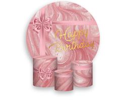 Painel De Festa Redondo 1,50x1,50 + Trio De Capas Cilindro - Happy Birthday Efeito Metálico Rosa 160 Painel De Festa Redondo 1,50x1,50 + Trio De Capas Cilindro - Happy Birthday Efeito Metálico Rosa 160