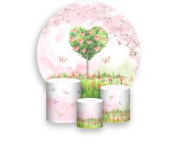Painel De Festa Redondo 1,50x1,50 + Trio De Capas Cilindro - Jardim Árvore Cerejeira Coração 003