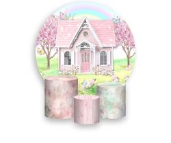 Painel De Festa Redondo 1,50x1,50 + Trio De Capas Cilindro - Jardim Casinha com Arco-íris 020