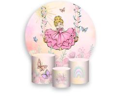Painel De Festa Redondo 1,50x1,50 + Trio De Capas Cilindro - Jardim Com Princesa Loira no Balanço 026