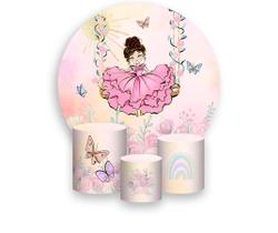 Painel De Festa Redondo 1,50x1,50 + Trio De Capas Cilindro - Jardim Com Princesa Morena no Balanço 027