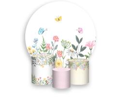 Painel De Festa Redondo 1,50x1,50 + Trio De Capas Cilindro - Jardim de Flores Aquarela 030