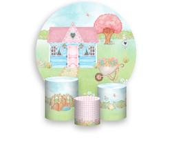 Painel De Festa Redondo 1,50x1,50 + Trio De Capas Cilindro - Jardim Encantado Aquarela Com Casinha 014