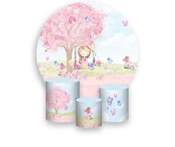 Painel De Festa Redondo 1,50x1,50 + Trio De Capas Cilindro - Jardim Menina Balanço 004