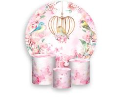 Painel De Festa Redondo 1,50x1,50 + Trio De Capas Cilindro - Jardim Passarinhos Rosa 009