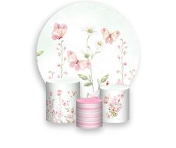 Painel De Festa Redondo 1,50x1,50 + Trio De Capas Cilindro - Jardim Rosa e Verde com Borboletas 045 Painel De Festa Redondo 1,50x1,50 + Trio De Capas Cilindro - Jardim Rosa e Verde com Borboletas 045