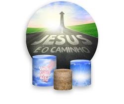 Painel De Festa Redondo 1,50x1,50 + Trio De Capas Cilindro - Jesus é o Caminho Estrada 056