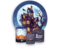 Painel De Festa Redondo 1,50x1,50 + Trio De Capas Cilindro - Mansão Mal Assombrada 024