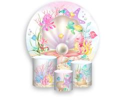 Painel De Festa Redondo 1,50x1,50 + Trio De Capas Cilindro - Mar Aquarela Concha com Pérola 012