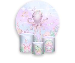 Painel De Festa Redondo 1,50x1,50 + Trio De Capas Cilindro - Mar Lilás Aquarela 017 Painel De Festa Redondo 1,50x1,50 + Trio De Capas Cilindro - Mar Lilás Aquarela 017