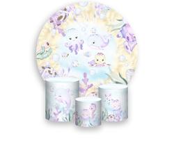 Painel De Festa Redondo 1,50x1,50 + Trio De Capas Cilindro - Mar Lilás com Bege Aquarela 016 Painel De Festa Redondo 1,50x1,50 + Trio De Capas Cilindro - Mar Lilás com Bege Aquarela 016