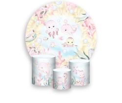 Painel De Festa Redondo 1,50x1,50 + Trio De Capas Cilindro - Mar Rosa com Bege Aquarela 018 Painel De Festa Redondo 1,50x1,50 + Trio De Capas Cilindro - Mar Rosa com Bege Aquarela 018