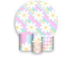 Painel De Festa Redondo 1,50x1,50 + Trio De Capas Cilindro - Margaridas Listras Coloridas 070 Painel De Festa Redondo 1,50x1,50 + Trio De Capas Cilindro - Margaridas Listras Coloridas 070