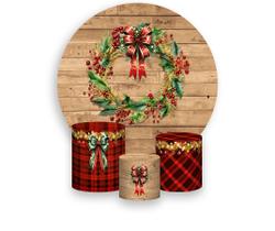 Painel De Festa Redondo 1,50x1,50 + Trio De Capas Cilindro - Natal Efeito Madeira Laços Presentes 026 Painel De Festa Redondo 1,50x1,50 + Trio De Capas Cilindro - Natal Efeito Madeira Laços Presentes 026
