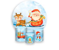 Painel De Festa Redondo 1,50x1,50 + Trio De Capas Cilindro - Natal Neve Papai Noel e Rena 014 Painel De Festa Redondo 1,50x1,50 + Trio De Capas Cilindro - Natal Neve Papai Noel e Rena 014
