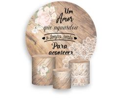 Painel De Festa Redondo 1,50x1,50 + Trio De Capas Cilindro - Noivado Efeito Madeira 006